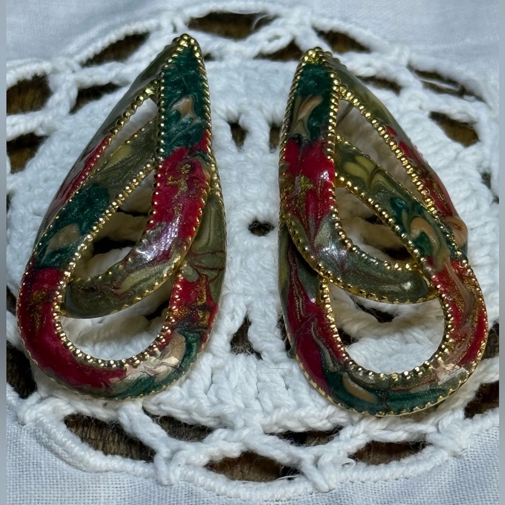 Vintage Enamel Swirl Post Earrings Double Teardrop Gold Tone Trim Boho
